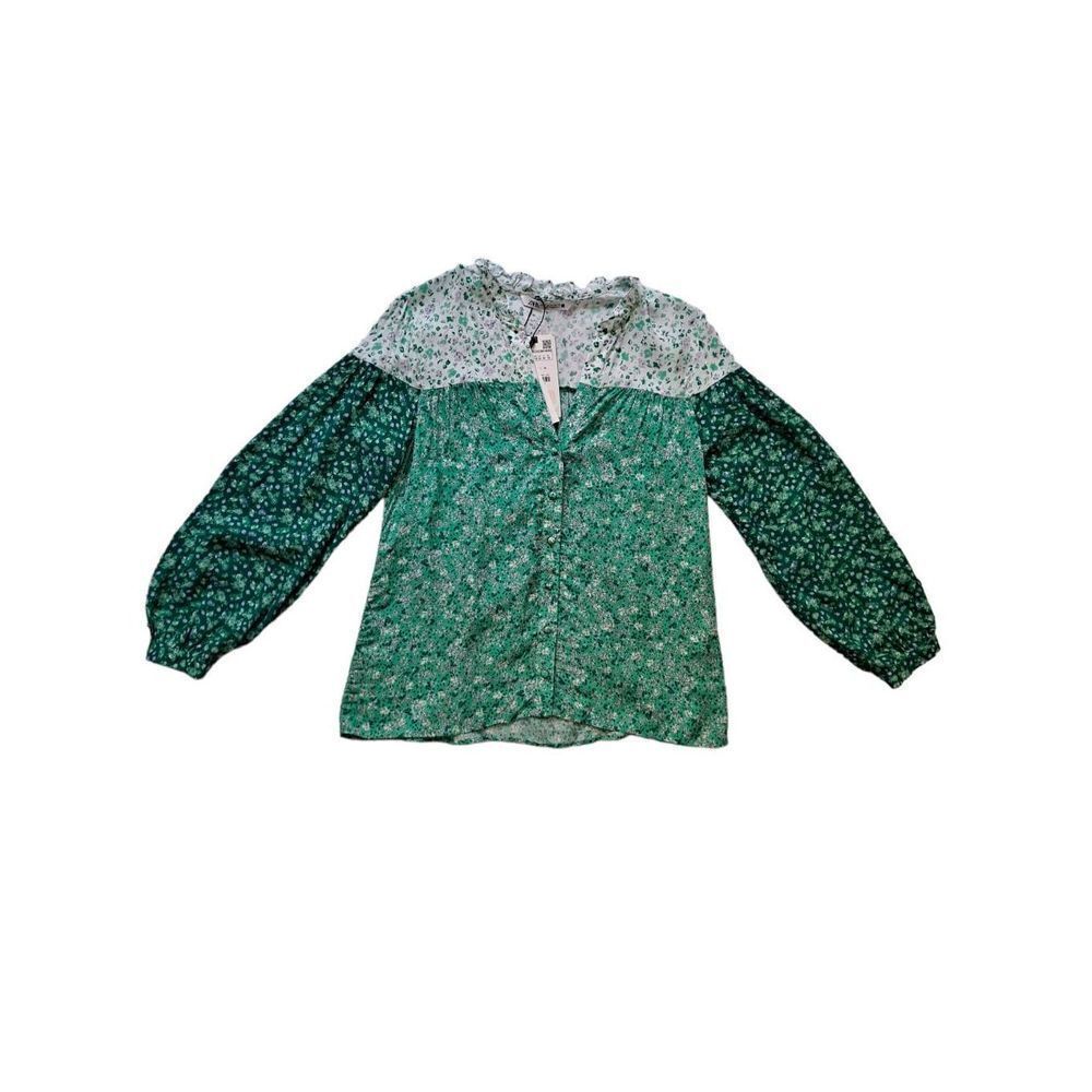 Zara Button Front Top Multi Mint Green White Floral Medium